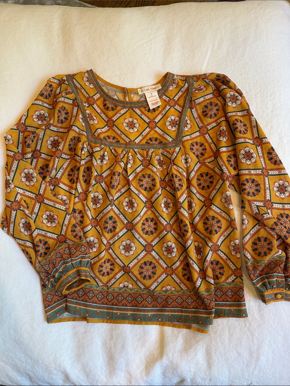 Flying Tomato Mustard Floral Geometric Peasant Top